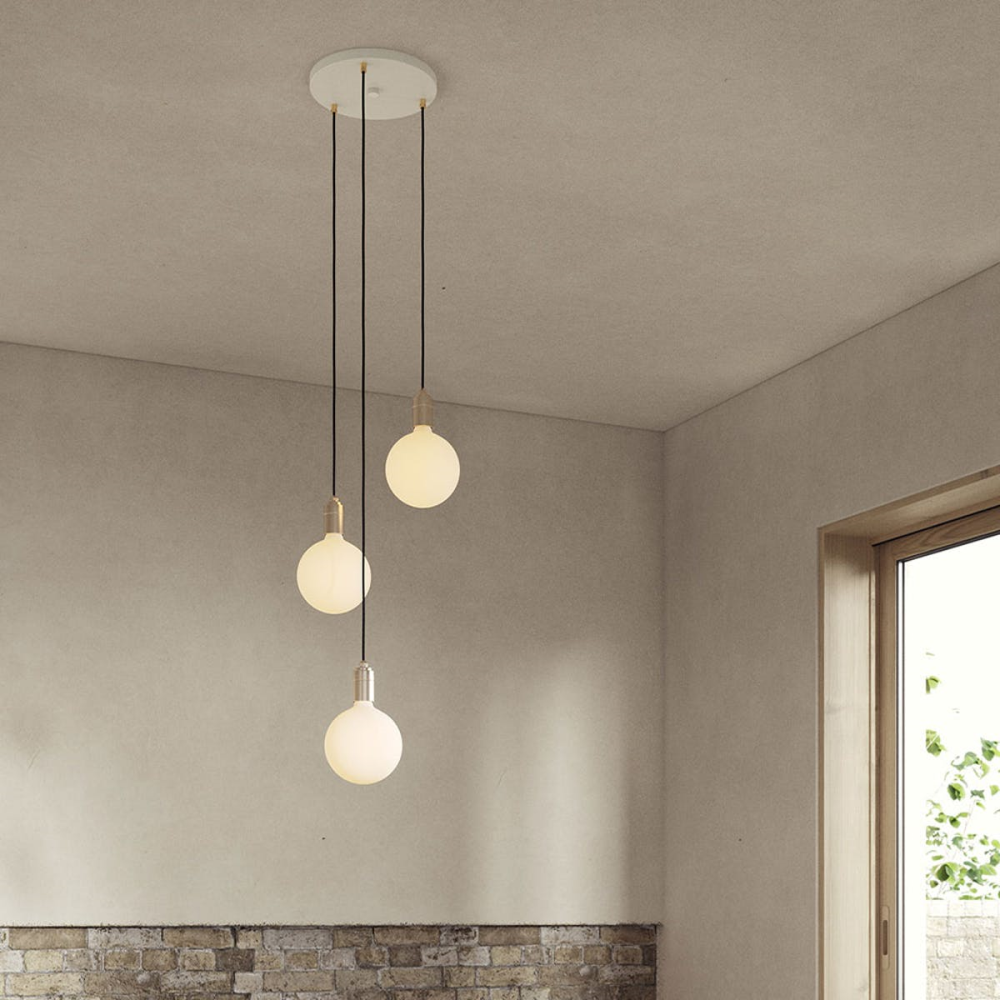 Canopy & Sphere Bulb Triple Ceiling Plate & Pendant Set, 400 x 25 cm, White & Brass